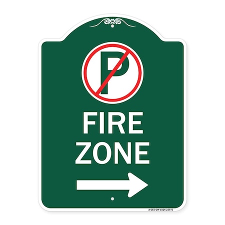 Fire Zone No Parking Symbol And Right Arrow, Green & White Aluminum Architectural Sign